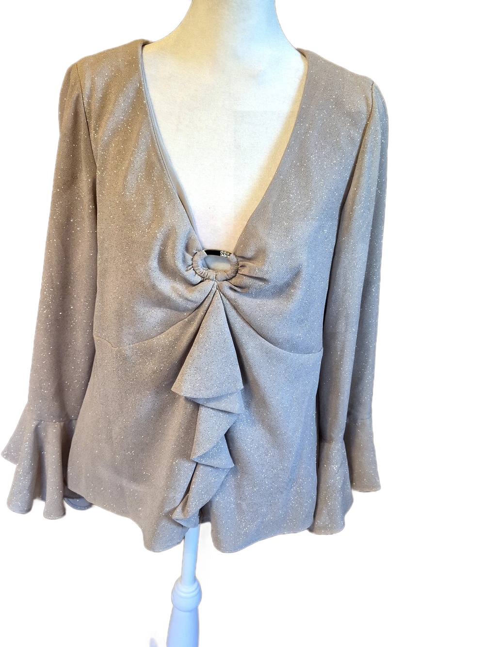 Dress Barn Taupe Glitter V-Neck Ruffle Front Blouse